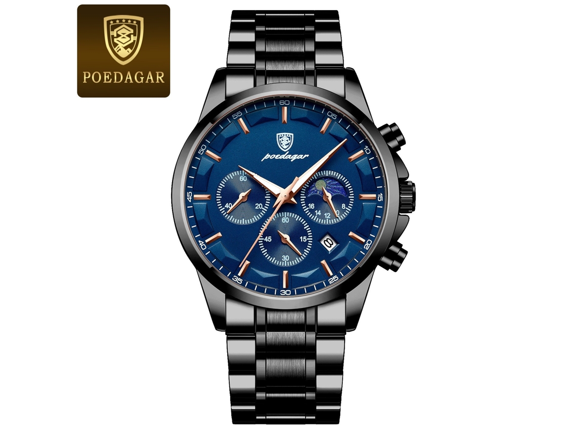 (modelo Com Caixa Preta E Pulseira De Aço Azul) Relógio De Pulso Quântico Multifuncional Masculino, Estilo Moderno Com Seis Pontas