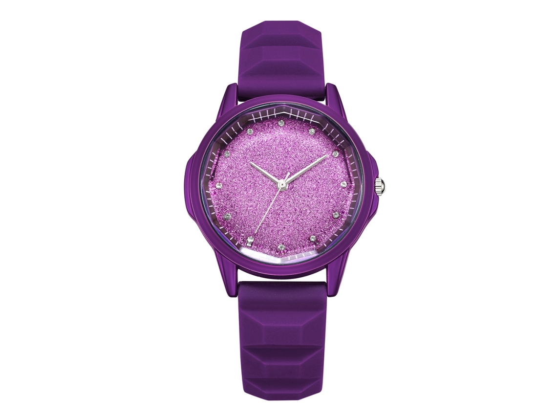 Relógio de Pulso Feminino Fashion de Quartzo com Pulseira de Silicone Roxo Strass