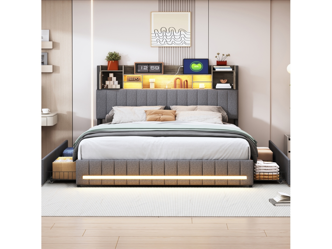 Cama De Casal Acolchoada 140x190 Cm Com Armazenamento, Luzes Led, 4 Gavetas E Recarga Usb/usb-c, Design Moderno Em Linho Cinza