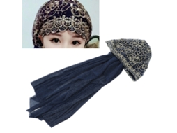 Hiyab Musulmano Para Mulher Elástico Transpirable Suave Confortável Material Durável Gentil Com A Pele Padrão Floral Turbante Musulmão Azul Marinho