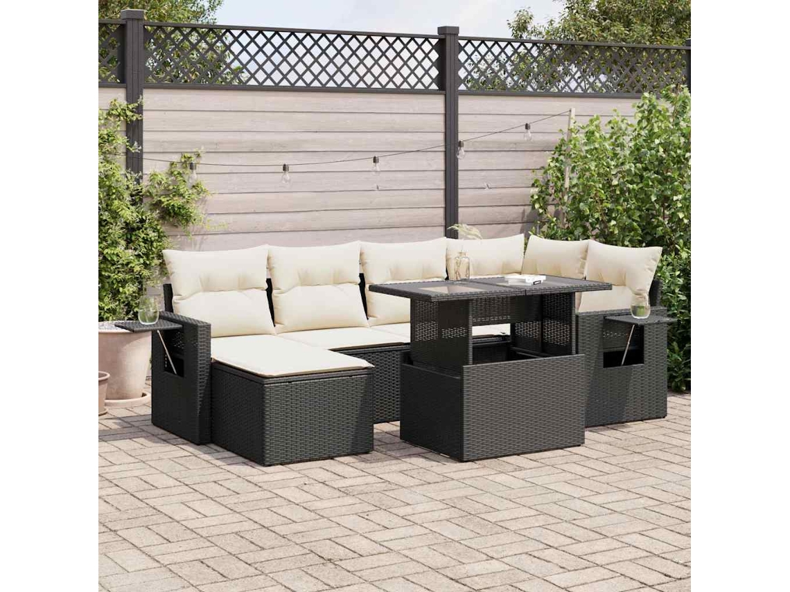 Vidaxl 7 Pcs Conjunto De Sofás P/ Jardim C/ Almofadões Vime Pe Preto