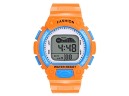 Relógio de pulso digital infantil eletrônico, cor laranja, em PVC.
