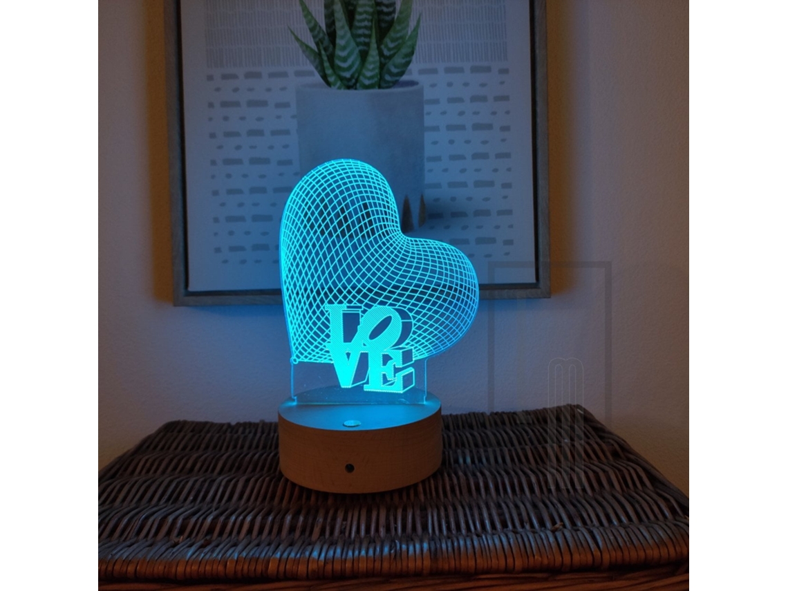 Luminária 3d Com Base De Madeira Love Lâmpada Mágica