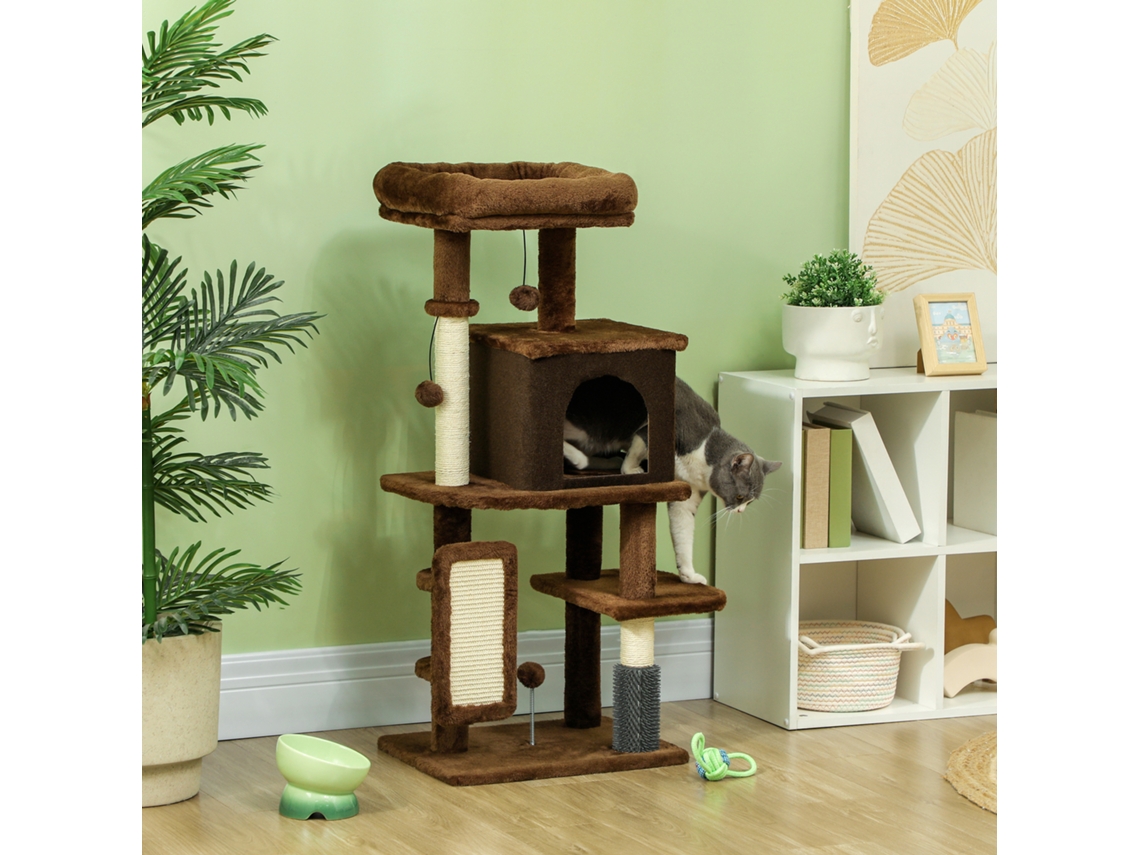 Arranhador De Gato De 40 Polegadas Com Plataformas, Poste Com Escova, Bolas Penduradas E Almofada Para Arranhar (marrom)