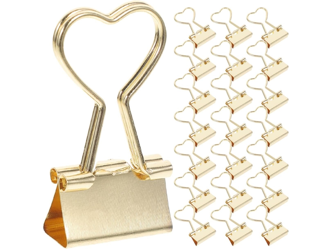 Conjunto de 24 alfinetes de metal dourado em formato de coração para uso doméstico e fora do escritório, ideais para organizar papéis.