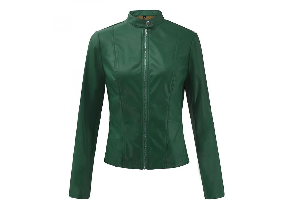 Jaqueta feminina vintage de couro sintético, modelo outono 2026, com zíper, gola alta, modelagem slim, tamanho G, verde.