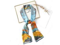 Fular De Seda De Morera 100% Para Mujer, Bandana Cuello 150x15 Cm (azul) Pintura Paisaje