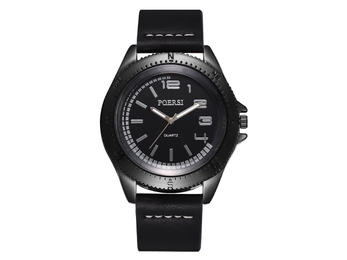 Relógio masculino de quartzo com pulseira de couro PU, estilo casual de negócios, mostrador preto grande.