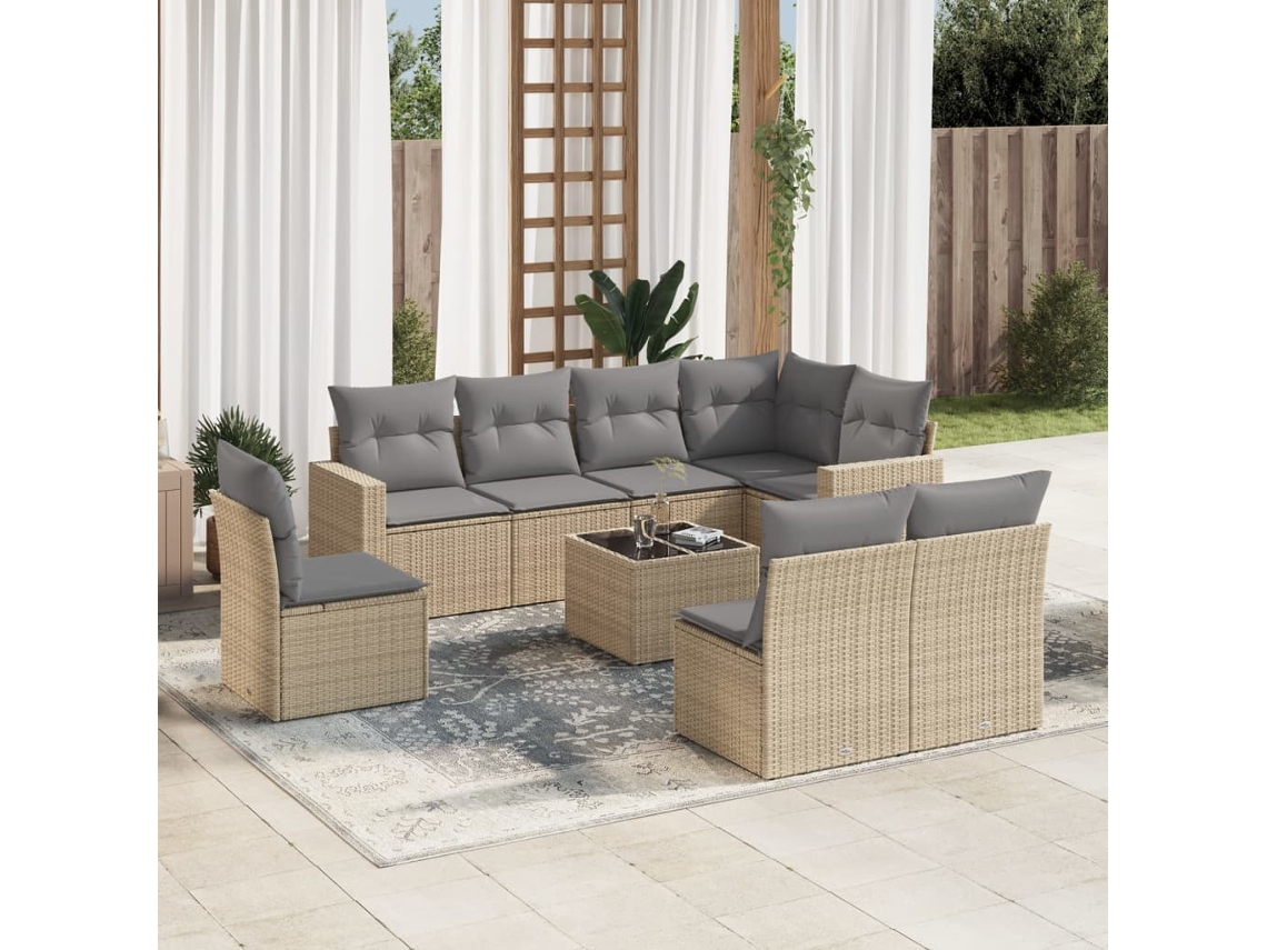 Vidaxl 9 Pcs Conjunto De Sofás P/ Jardim Com Almofadões Vime Pe Bege
