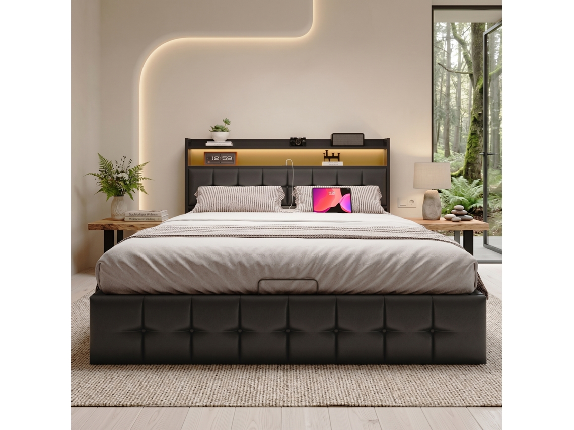 Cama Dupla 140x190 Cm com Cabeceira Estante, Cama de Casal em Pele Sintética com Led e Portas Usb, Base com Arrumação Baú, Preto RESETIZE