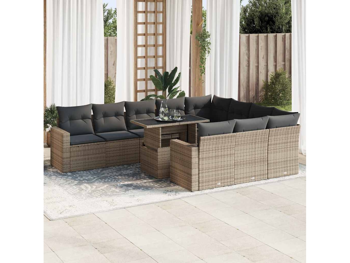 Vidaxl 11 Pcs Conjunto Sofás De Jardim C/ Almofadões Vime Pe Cinzento