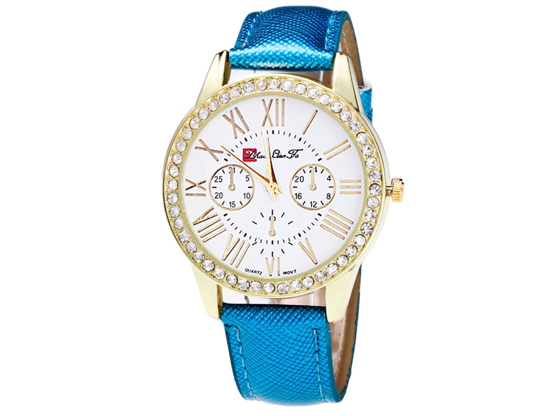 Relógio de casal Zhoulianfa Quartz com pulseira de couro PU e strass azuis.