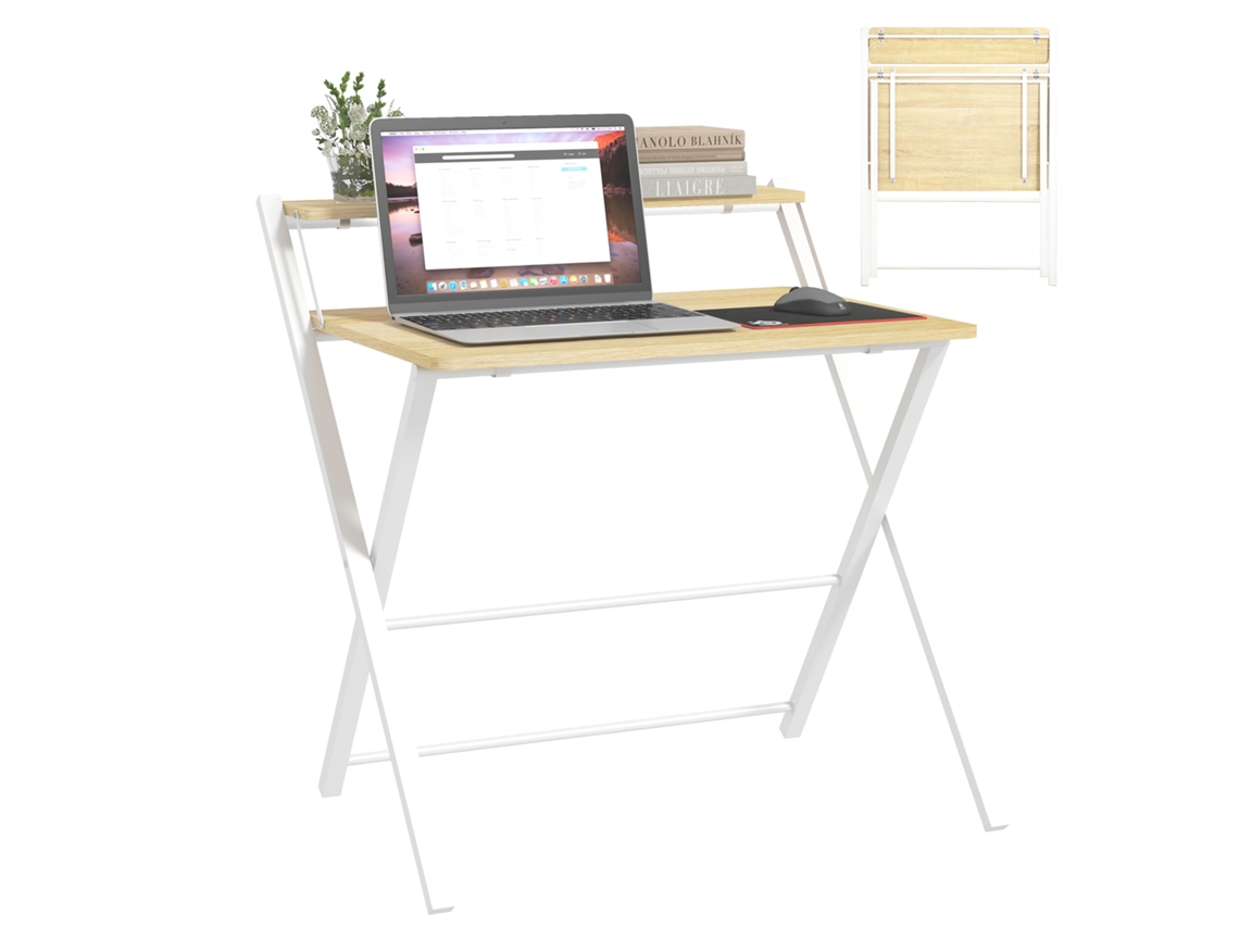 Mesa de estudo dobrável com prateleira superior 81,5x70x84 cm Natural Branco