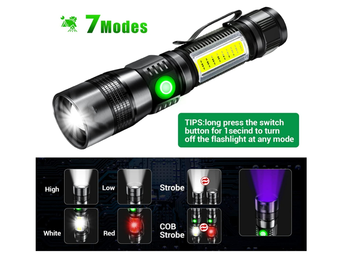 Lanterna 3 em 1 Lanterna Led Magnética de 1200 Lúmens Altos com Luz Lateral Cob Modo 7 com Zoom À Prova D'Água para TURMIN