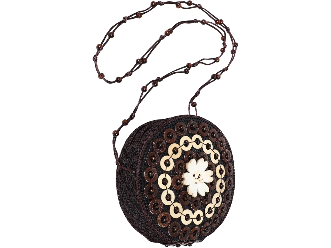 Bolsa De Ombro Em Estilo Étnico Em Crochê Cor Nogueira, Com Compartimento Para Cartão.