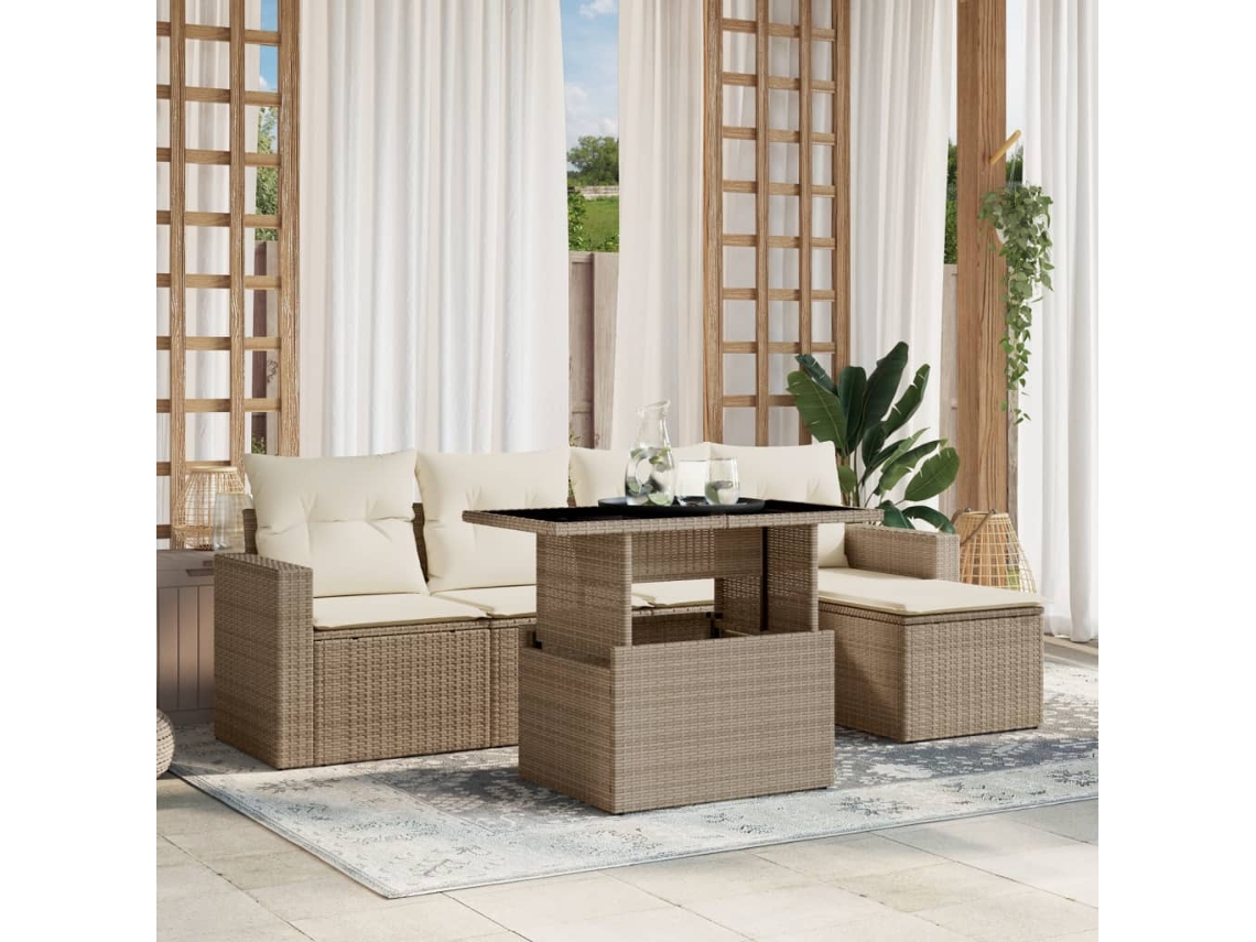 Vidaxl 6 Pcs Conjunto De Sofás P/ Jardim Com Almofadões Vime Pe Bege