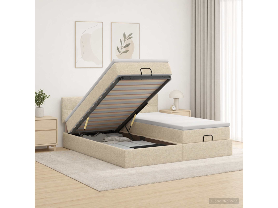 Vidaxl Cama Ottoman Com Colchão Com Cabeceira 2 Unid. Creme Tecido