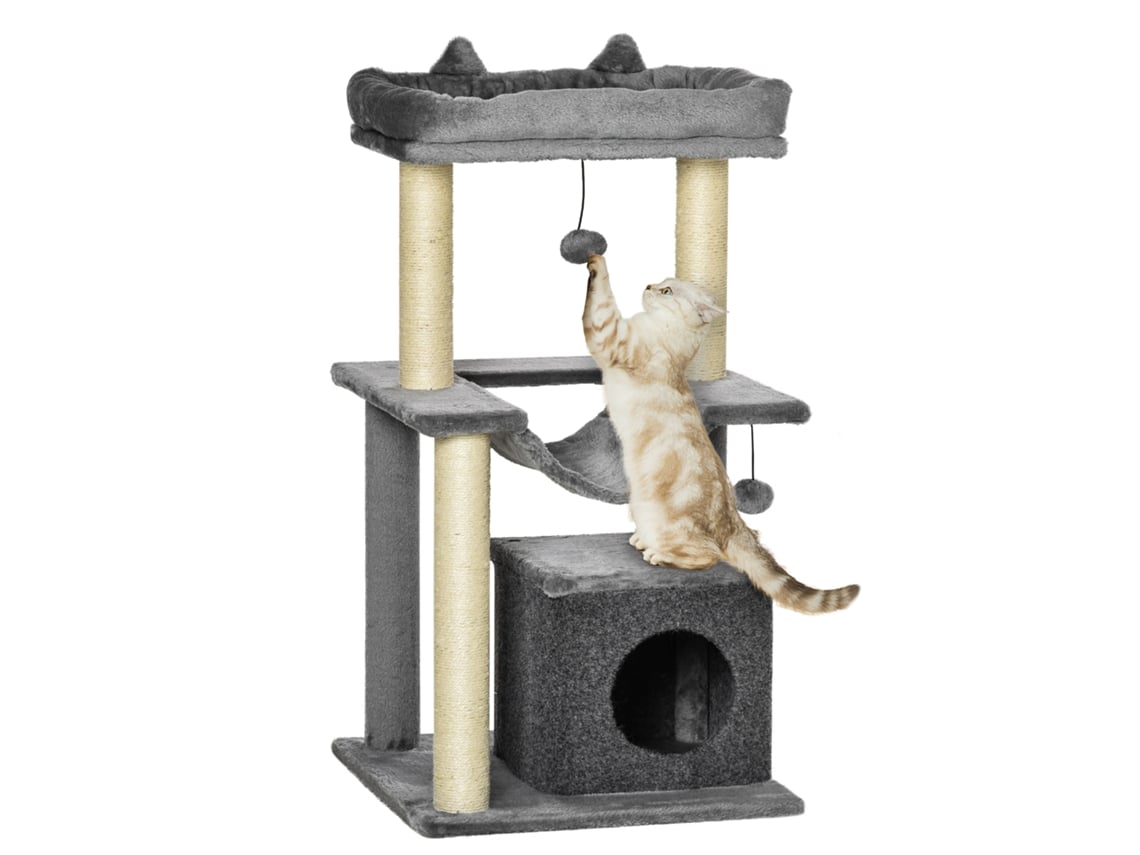 Árvore para Gatos, 90 Cm de Altura, 3 Níveis com Ninho, Plataforma, Bolas Penduradas e Poste de Sisal, 48 X 48 X 90 Cm, Cinza ESSÊNCIACASA