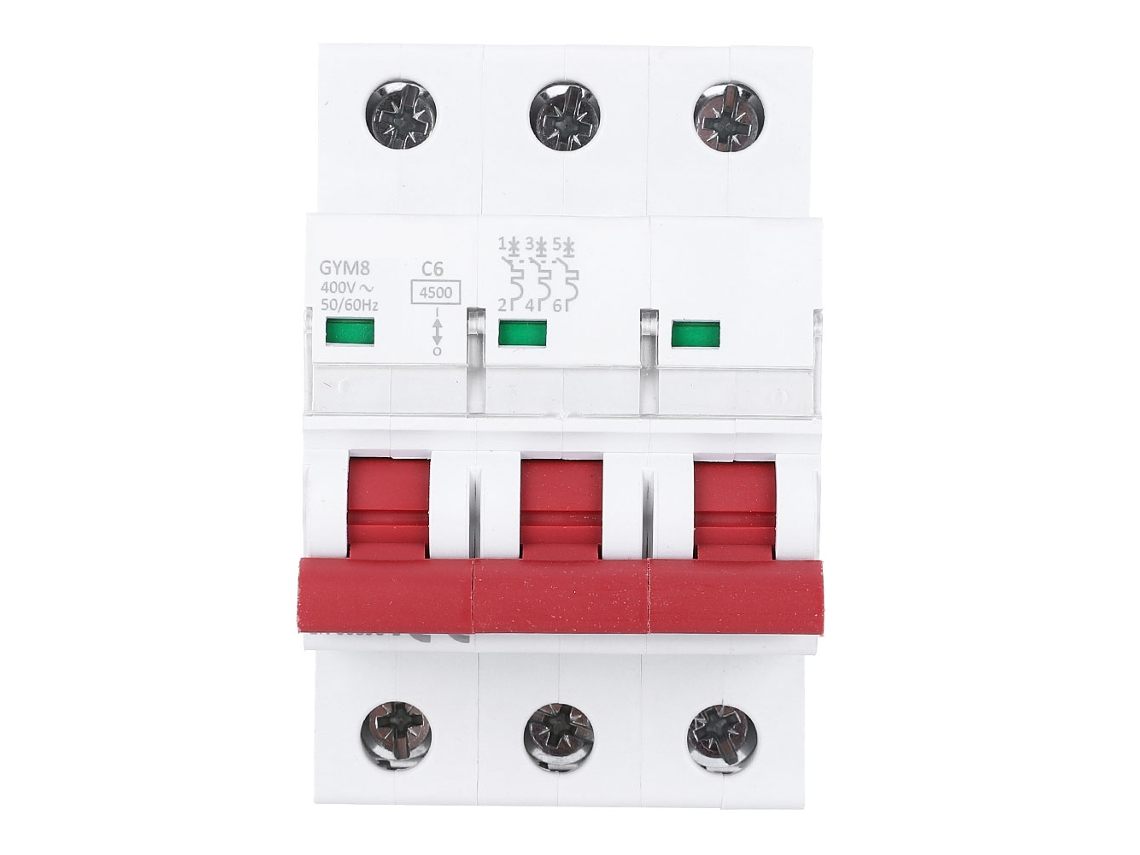 Disjuntor miniatura tripolar 400 VCA 6 A Gym8 c45 para barramento bilateral
