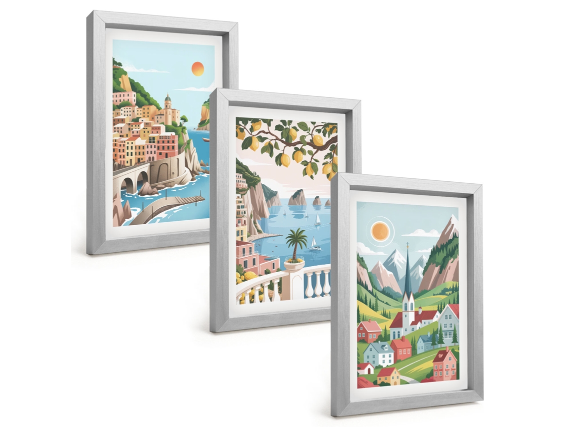 Composição De Quadros Na Paredepaisagens, Mar, Cítricos Moldura Prateada Quadros Para A Sala De Estar Espelharte (3 Peças 20x30 Cm)