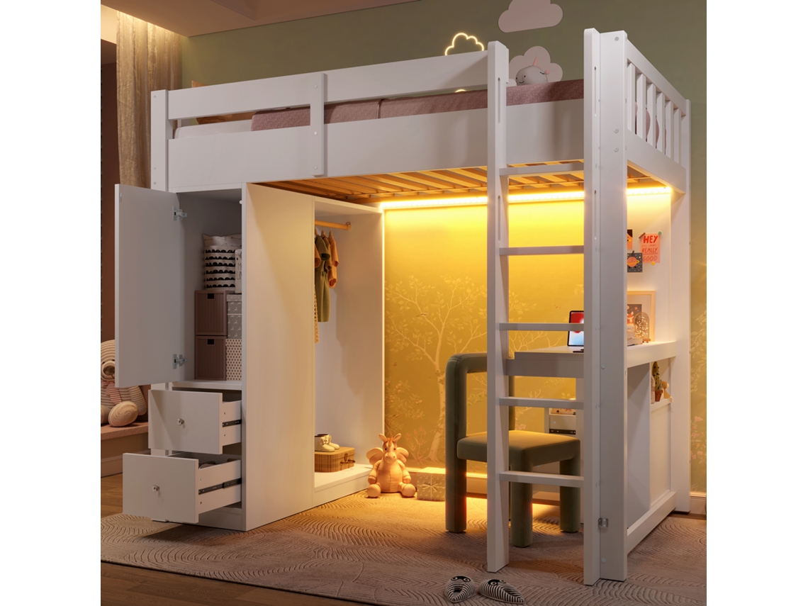 Beliche 90x200cm: 4 Gavetas, Armário, Escrivaninha, Guarda-roupa Aberto, Luz Led E Usb, Branco.