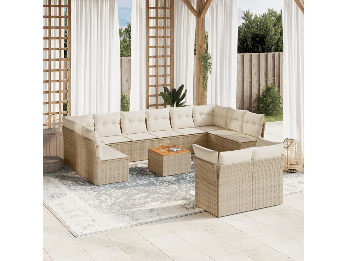 Vidaxl 13 Pcs Conjunto De Sofás P/ Jardim Com Almofadões Vime Pe Bege
