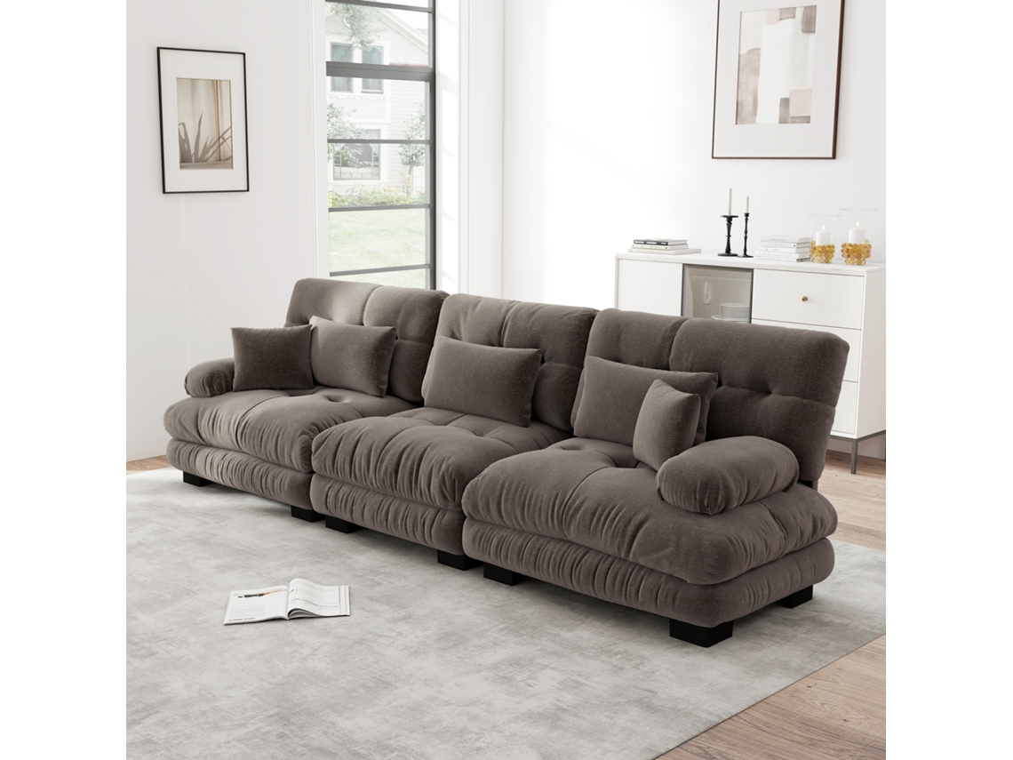 Sofá Canto Modular 3 Lugares Assento Profundo, Chenille, Marrom