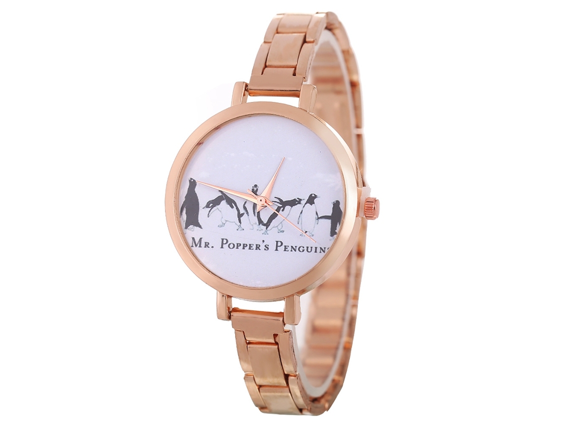 Relógio de Quartzo com Pulseira de Aço Estilo Simples Padrão Pinguim Cute Ouro Rosa
