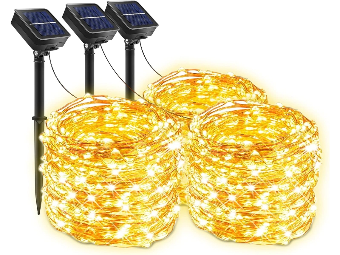 Conjunto de 3 Cordas de Luz Solar com Fio de Cobre 8 Modos Luz Quente 12 Metros 100 Leds Solar Comum ZMDECQNA