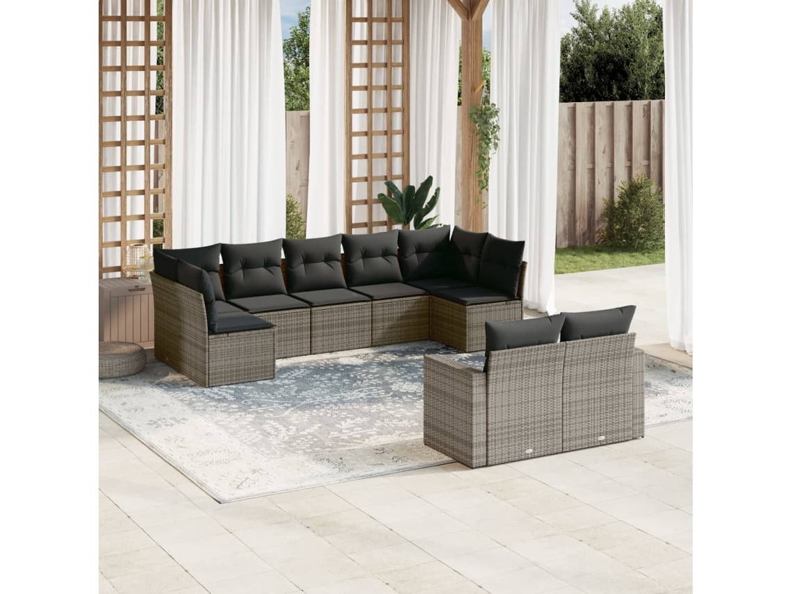 Jogo 9 Peças Sofás P/ Jardin Com Almofadões Vime Pe Cinza Dkd Home Decor