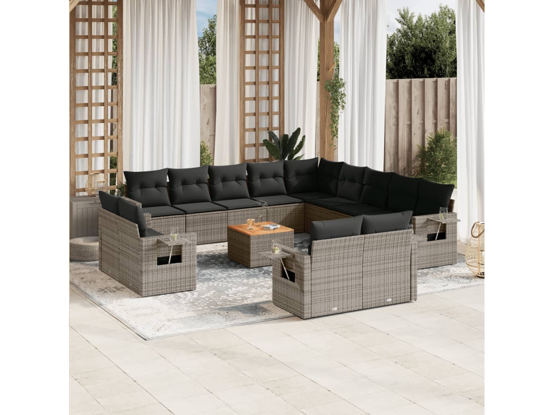 14 Pcs Conjunto Sofás P/ Jardim C/ Almofadões Vime Pe Cinza Dkd Home Decor