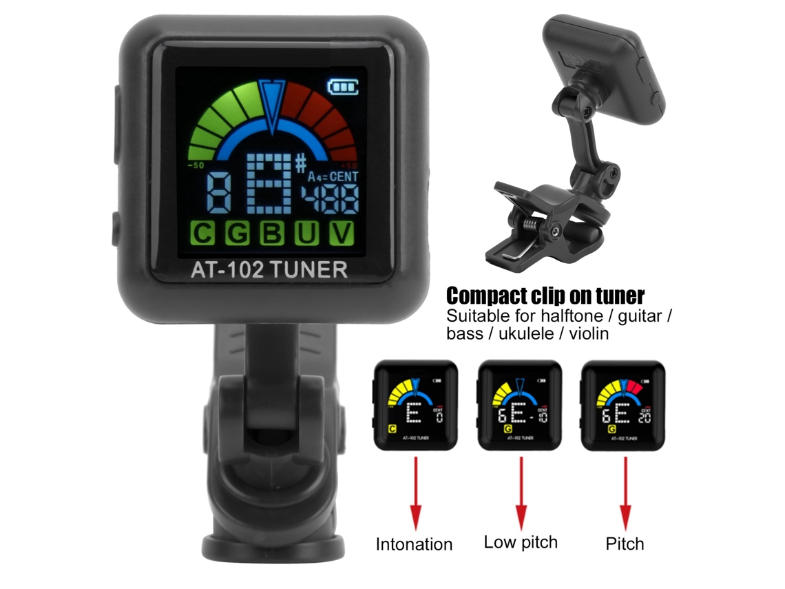 Afinador de Clipe para Guitarra Aroma, Recarregável Via Usb, com Bateria Integrada, para Violino e Ukulele At102 AQUAFORGE (preto)