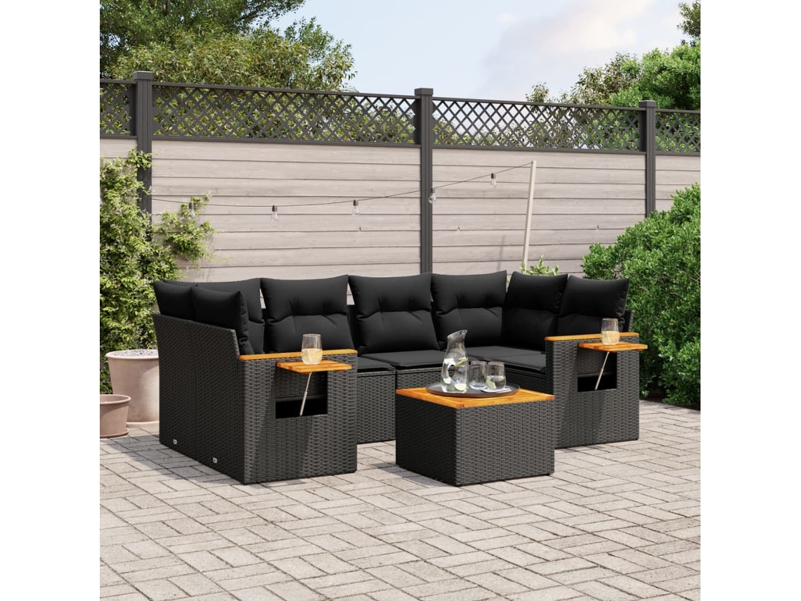 Vidaxl 7 Pcs Conjunto De Sofás P/ Jardim C/ Almofadões Vime Pe Preto