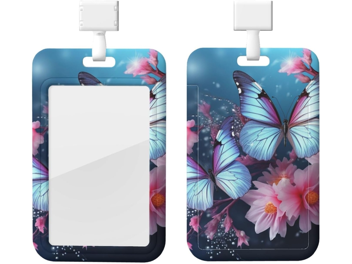 Porta-cartões Crachá com estampa de borboletas e flores, protetor de cabos vertical, camada plástica impermeável, porta-cartões