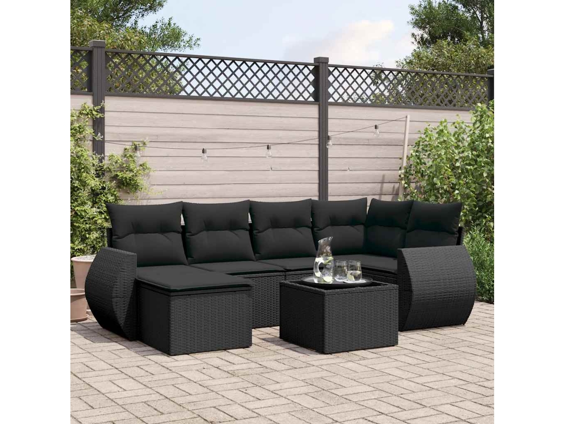 Vidaxl 7 Pcs Conjunto De Sofás P/ Jardim C/ Almofadões Vime Pe Preto