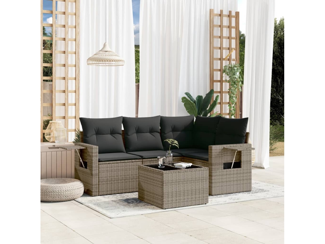 Vidaxl 5 Pcs Conjunto Sofás De Jardim C/ Almofadões Vime Pe Cinzento