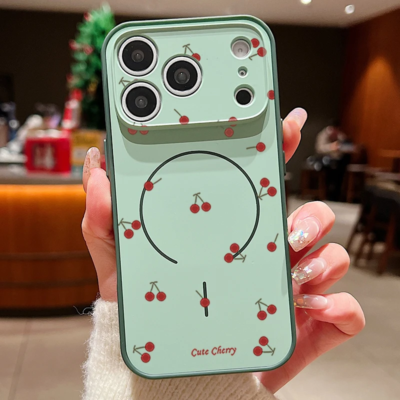 Capa Magnética Para Iphone 13 Pro Max Com Estampa De Cereja Vermelha (verde), Capa Protetora Rígida De Tpu E Pc.