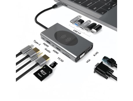 Hub USB C V-Reel QT50 14 em 1 com HDMI duplo, carregamento sem fio, 15 W para monitores duplos