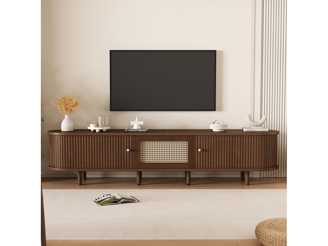 Móvel De Tv Oval Em Nogueira Escura, Design Em Vime 180 Cm, Pés Ajustáveis, Capacidade Para 30 Kg Estilo