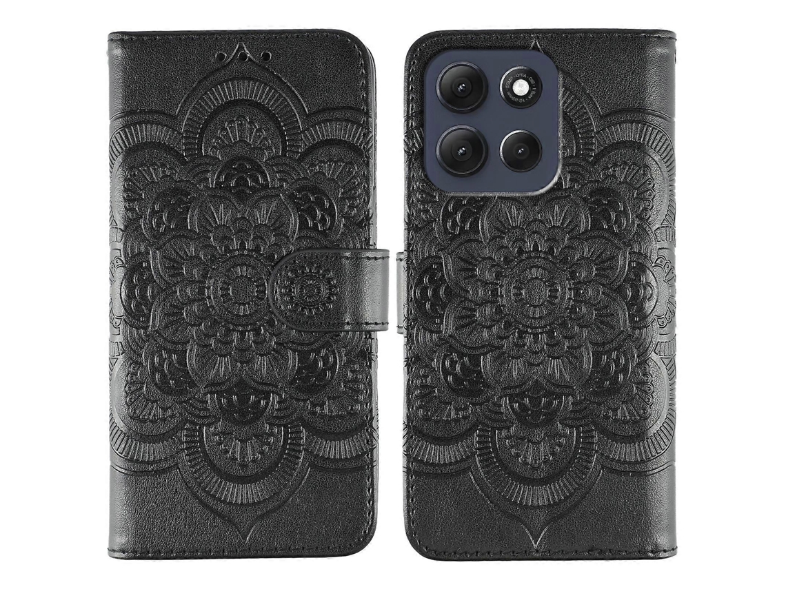 Capa Tipo Carteira Com Estampa De Mandala E Alça De Pulso Para Motorola Moto G86 5g, Em Couro Pu, Preta