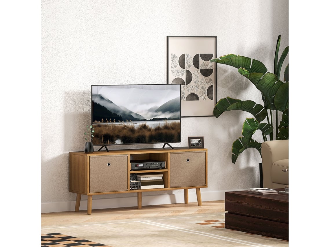 Móvel Para Tv Para Televisores De Até 50 Polegadas Com 2 Gavetas De Tecido E Prateleiras Abertas, Em Madeira E Marrom.