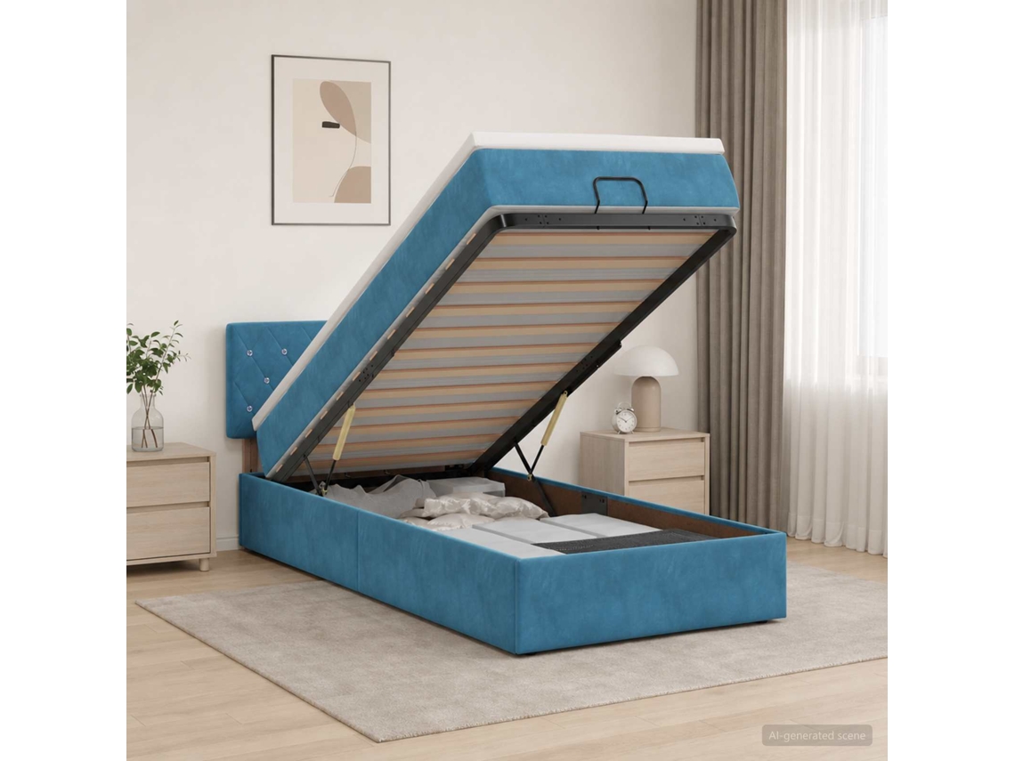 Vidaxl Cama Ottoman Com Colchão Azul Escuro 90 X 190 Cm Veludo