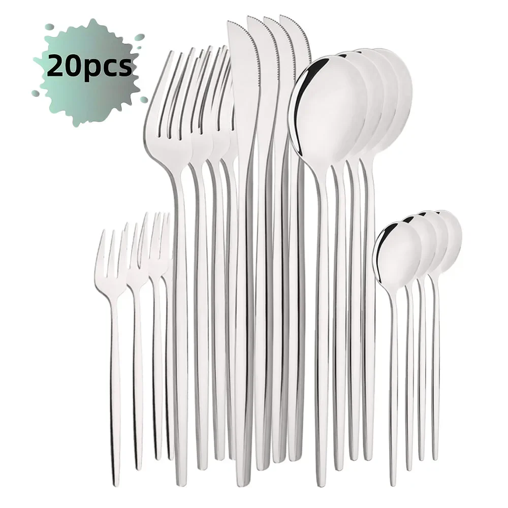 Talheres de Aço Inoxidável com Acabamento Polido Espelhado, Perfeitos para Casa, Restaurante e Casamento. MDUG (prateado, Conjunto de 20 Peças)
