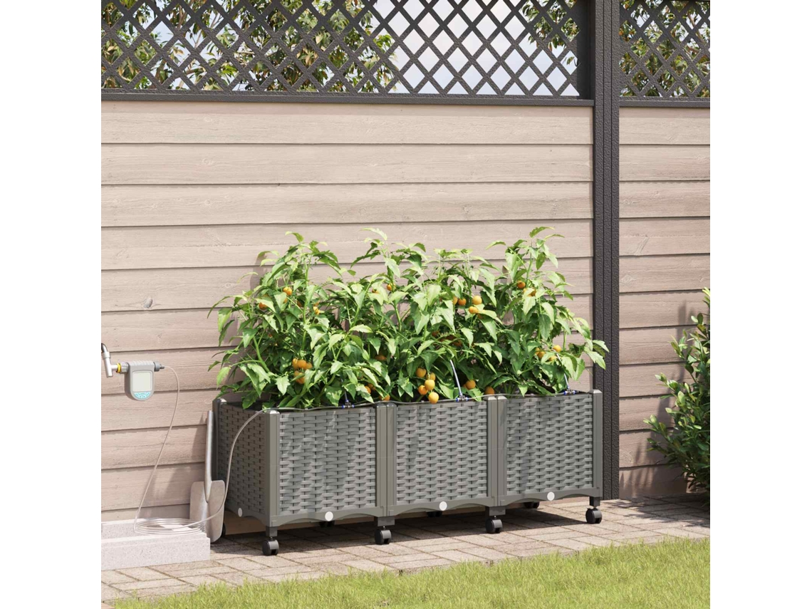 Vidaxl Jardineira Com Irrigação E Rodas 3 Unid. Cinzento-claro Pp