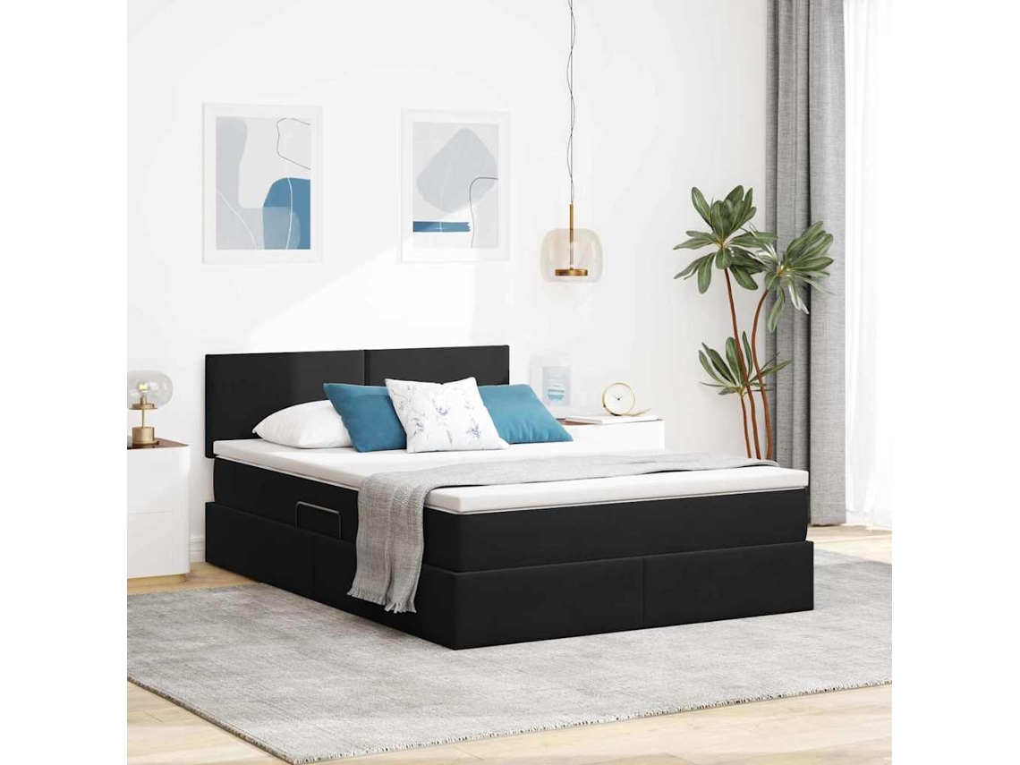 Vidaxl Cama De Armazenamento Led Com Colchão Preto 140 X 200 Cm Veludo