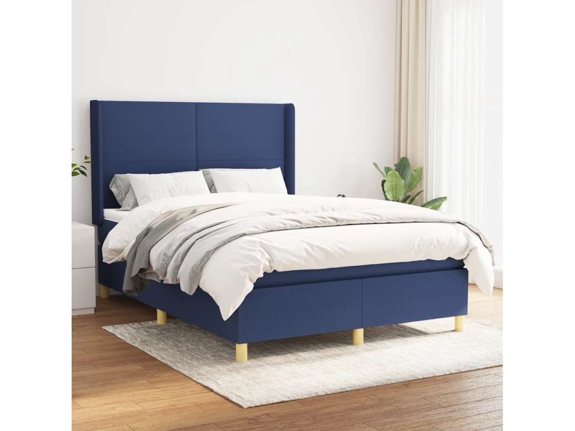 Cama Com Molas/colchão 140x200 Cm Tecido Azul
