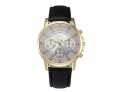 Reloj De Cuarzo Para Hombre Con Correa De Cuero Pu Marco Dorado De Tres Ojos Casual Fashion Negro