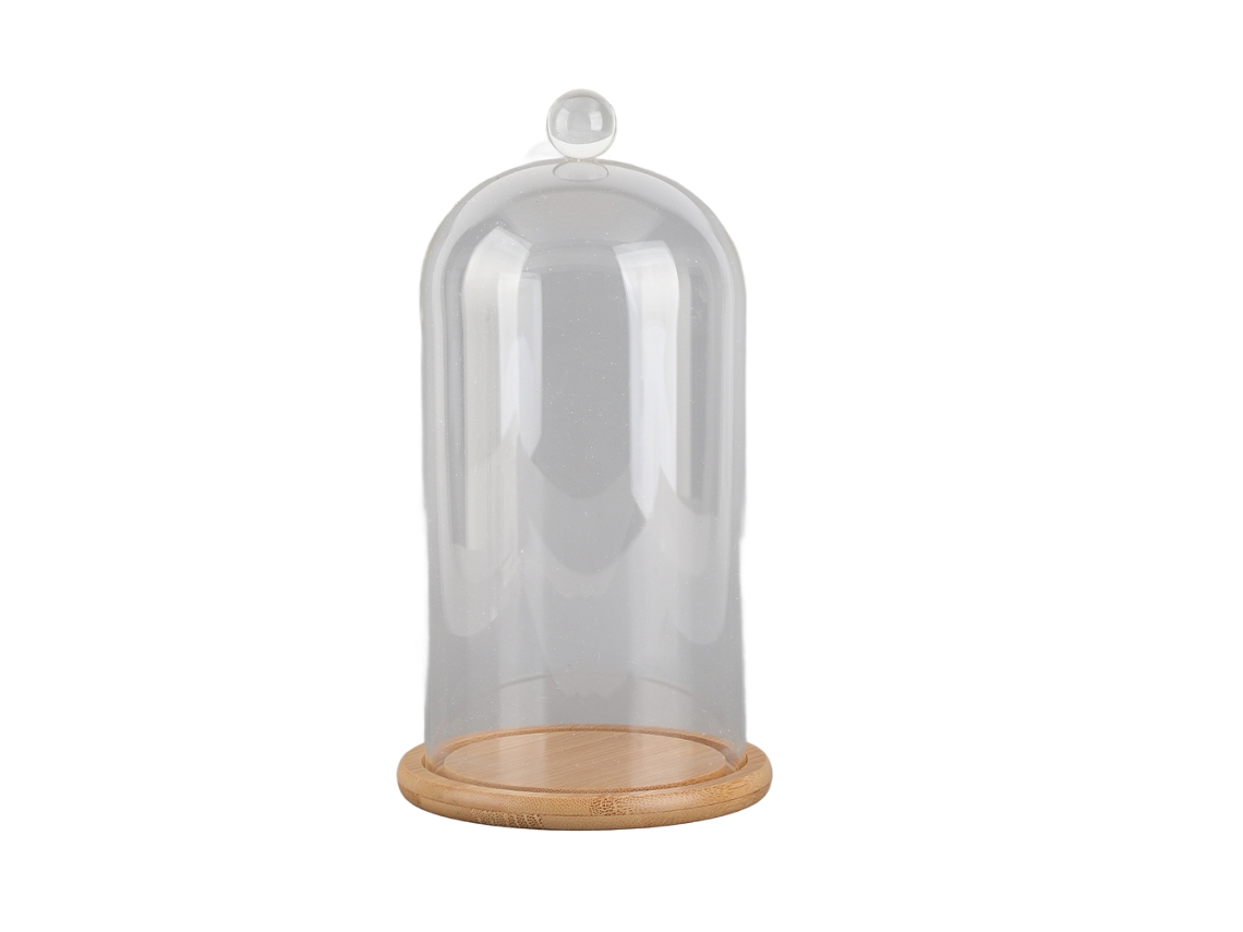 Cúpula de Vidro Transparente com Base de Bambu para Decoração de Casamento e Festas | S/MARCA