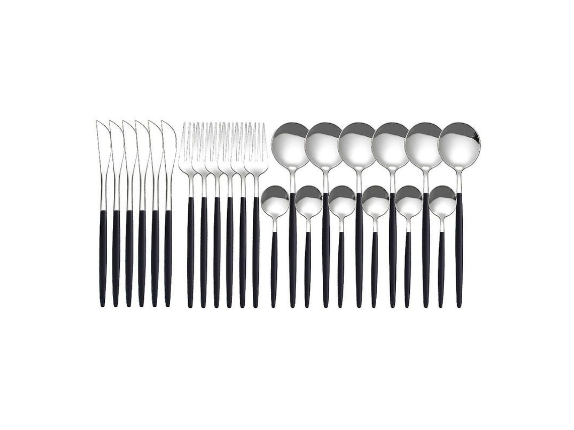 Conjunto De Pratos De Aço Inox 24 Peças, Design Elegante, Anti-ferrugem, Ideal Para Casa, Festas E Restaurantes Prata Preta