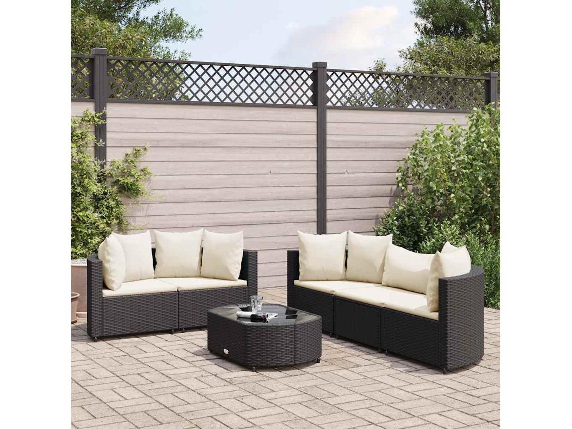 Jogo de Sofá Jardim 6 Peças C/ Almofadões Vime Pe Preto Dkd Home Decor